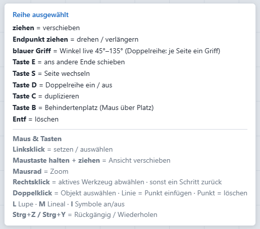 Kontext-Hinweise im Lotino-Editor: Liste der Tasten und Griffe für die ausgewählte Reihe